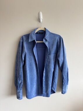 ZARA blue velvet-effect ribbed button down shirt